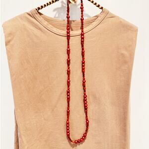 Long Red Beaded Necklace Dyed Stone & Glass Pearls